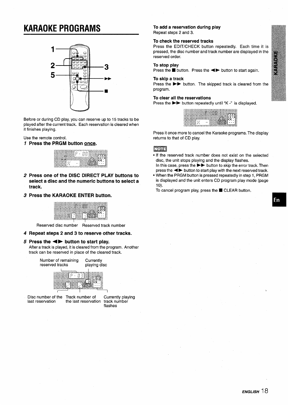 Karaoke programs, 1 press the prgm button once, To check the reserved tracks | 3 press the karaoke enter button, 4 repeat steps 2 and 3 to reserve other tracks, 5 press the button to start play | Aiwa NSX-V9000 User Manual | Page 19 / 72