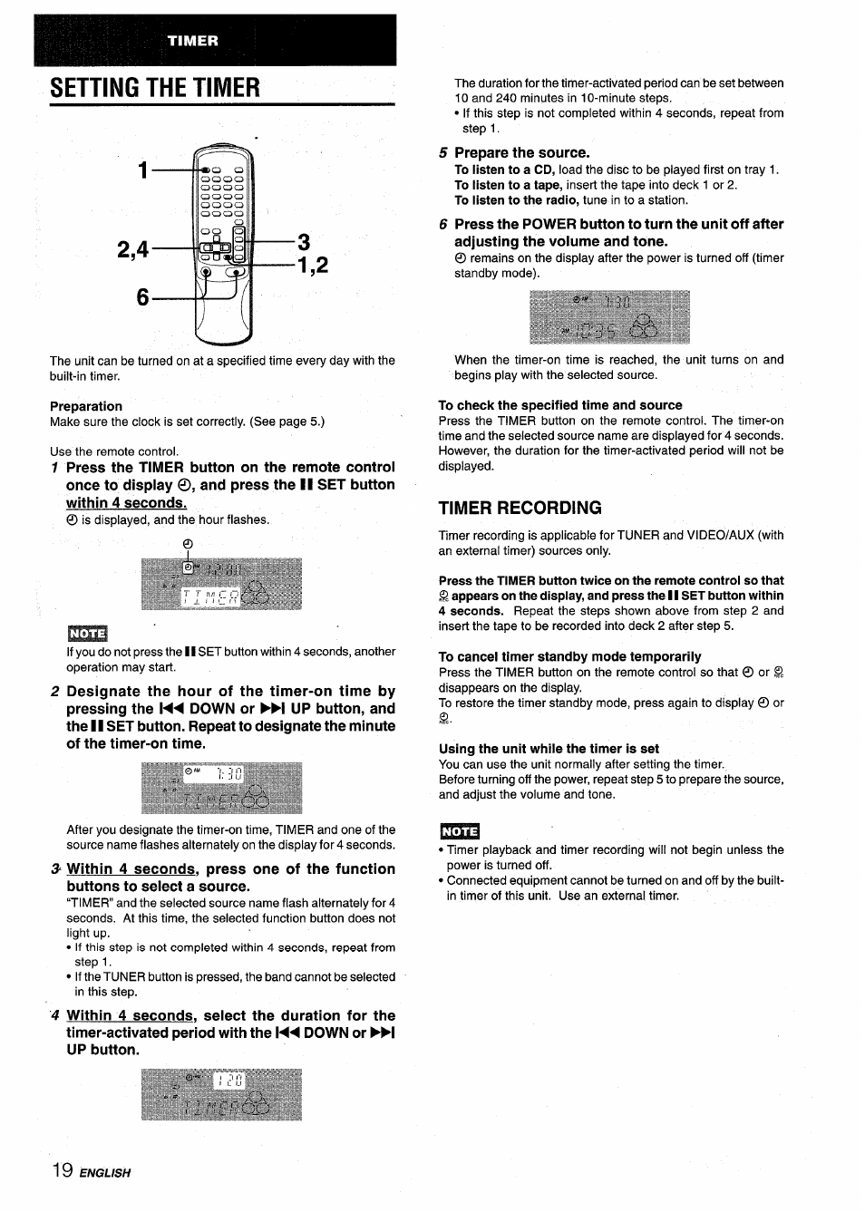 Setting the timer, Timer recording | Aiwa NSX-V9000 User Manual | Page 20 / 72