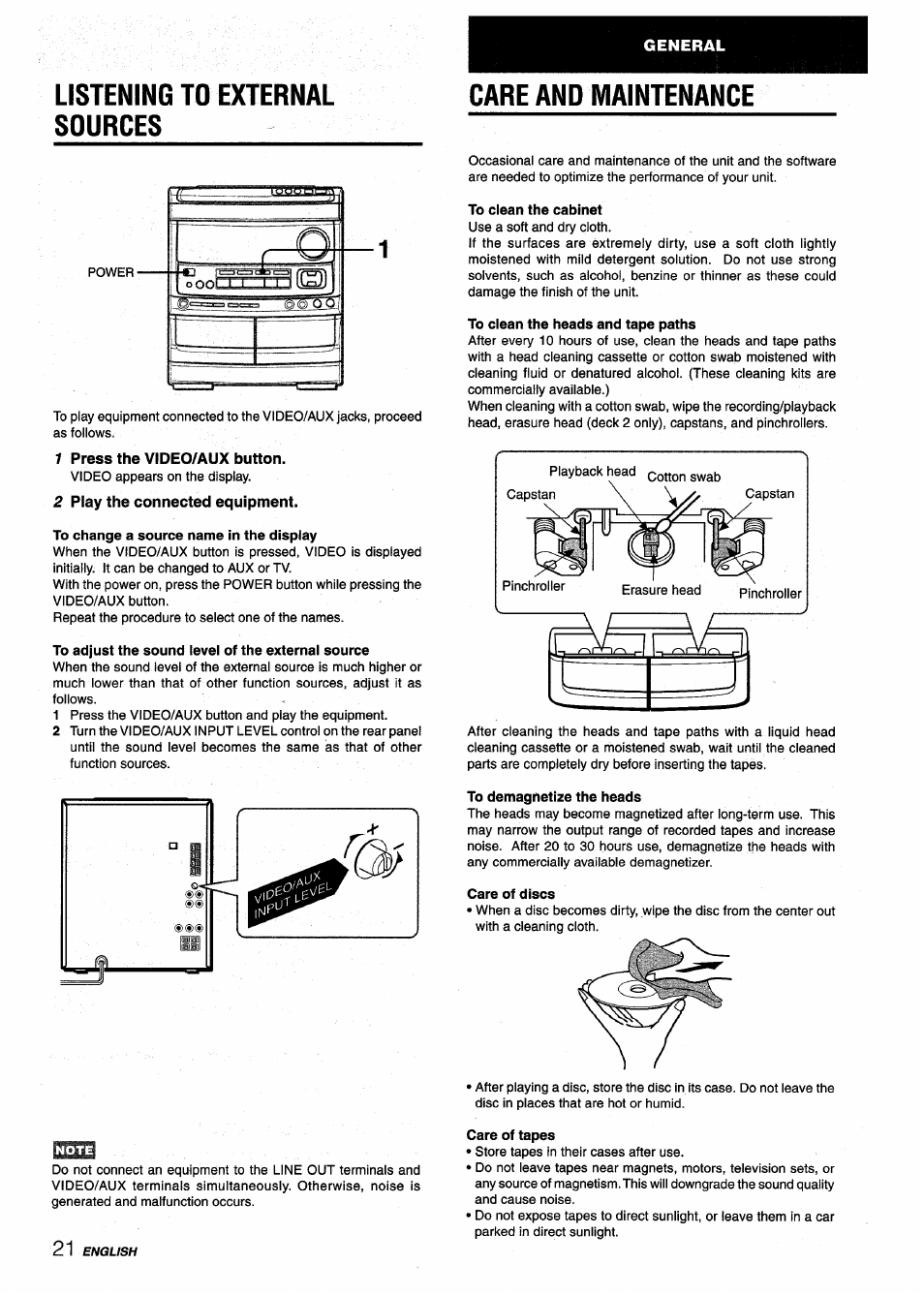 Listening to external sources, 1 press the video/aux button, 2 play the connected equipment | Care and maintenance | Aiwa NSX-V9000 User Manual | Page 22 / 72