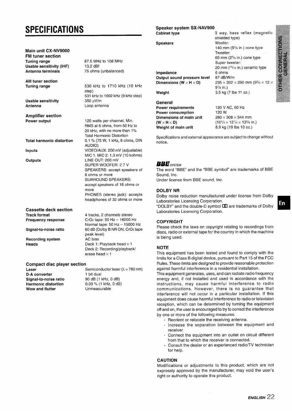 Specifications, Z cc | Aiwa NSX-V9000 User Manual | Page 23 / 72