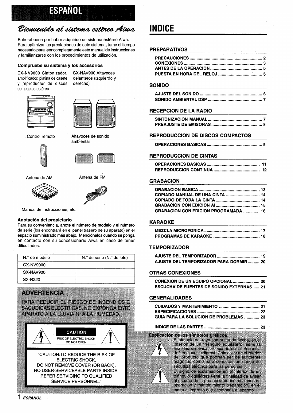 Español, Indice | Aiwa NSX-V9000 User Manual | Page 26 / 72