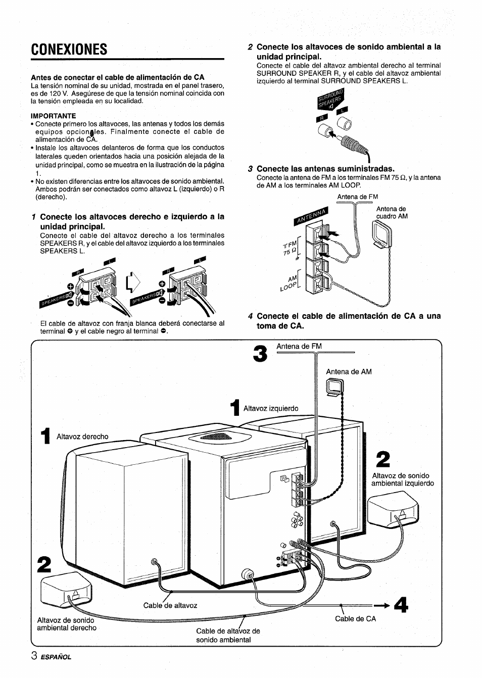 Conexiones, 3 conecte ias antenas suministradas | Aiwa NSX-V9000 User Manual | Page 28 / 72