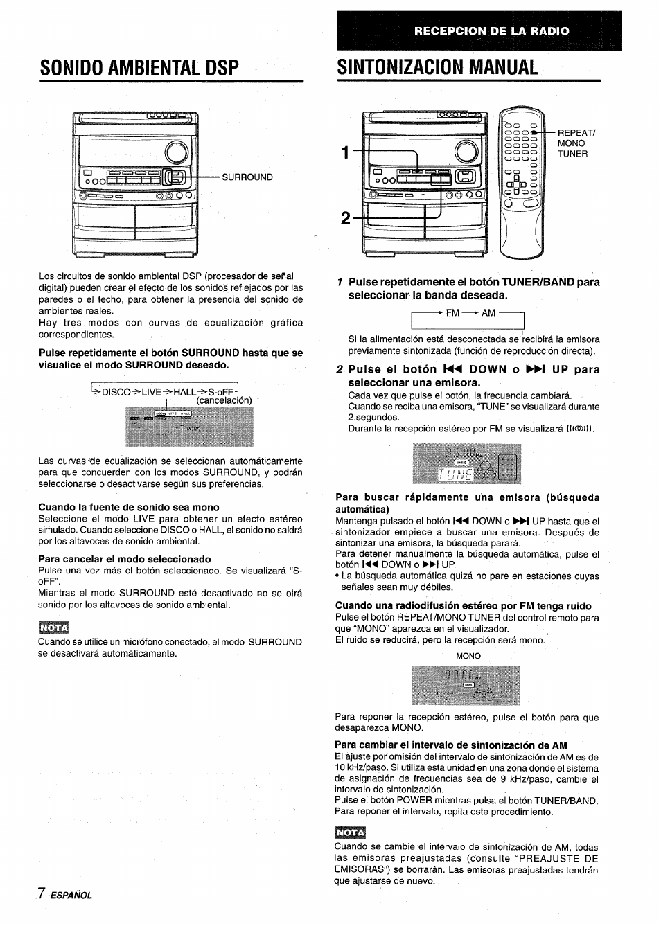 Sonido ambiental dsp, Sintonizacion manual, Sonido ambiental dsp sintonizacion manual | Aiwa NSX-V9000 User Manual | Page 32 / 72
