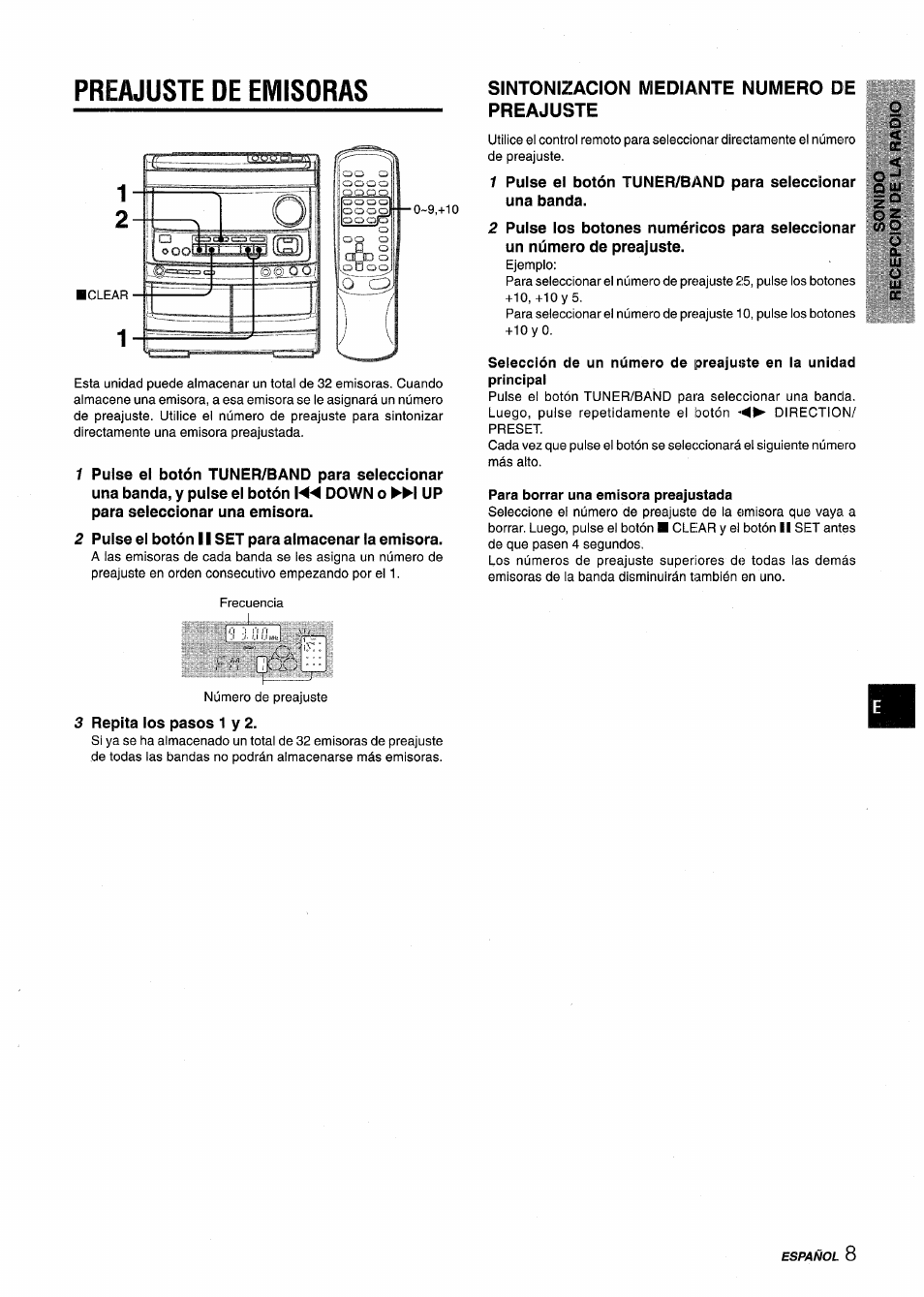 Preajuste de emisoras, 2 pulse el botón ii set para almacenar la emisora, 3 repita los pasos 1 y 2 | Sintonizacion mediante numero de preajuste | Aiwa NSX-V9000 User Manual | Page 33 / 72