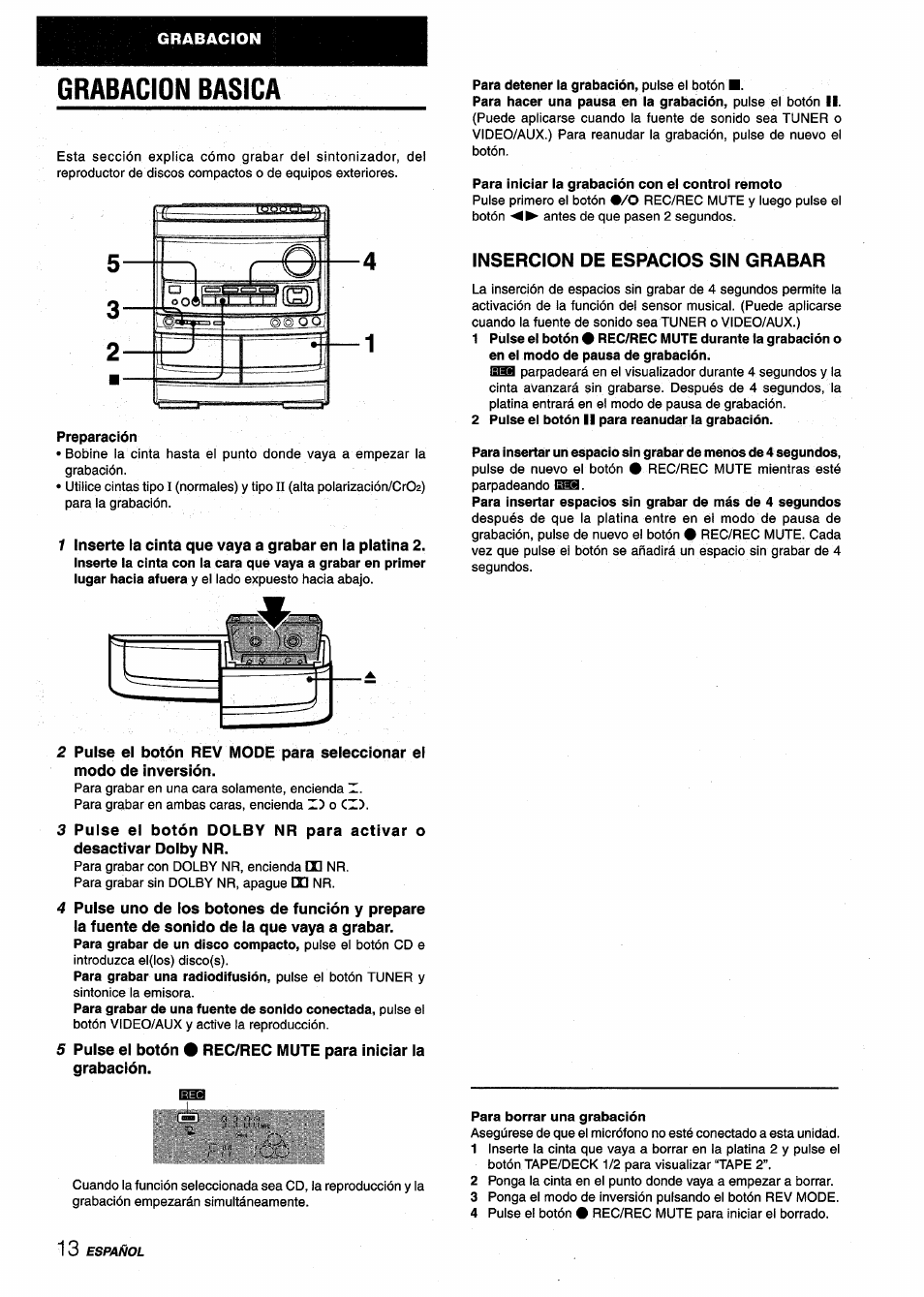 Grabacion basica, Rec/rec mute para iniciar la | Aiwa NSX-V9000 User Manual | Page 38 / 72