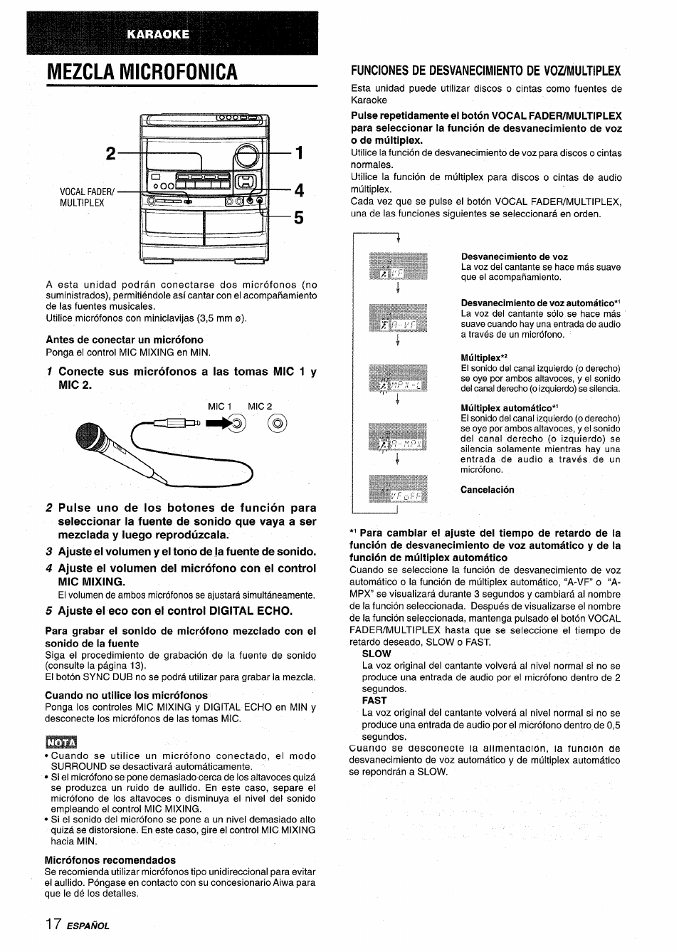 Mezcla microfonica, 1 conecte sus micrófonos a las tomas mic 1 y mic 2, 5 ajuste el eco con el control digital echo | Funciones de desvanecimiento de voz/multiplex | Aiwa NSX-V9000 User Manual | Page 42 / 72