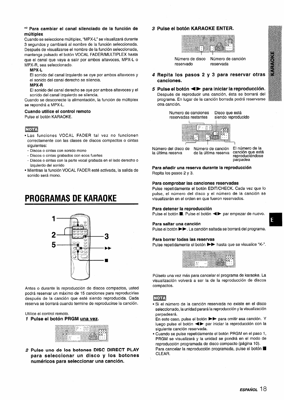 Programas de karaoke, 3 pulse el botón karaoke enter, 1 pulse el botón prgm una vez | 5 pulse el botón para iniciar la reproducción | Aiwa NSX-V9000 User Manual | Page 43 / 72