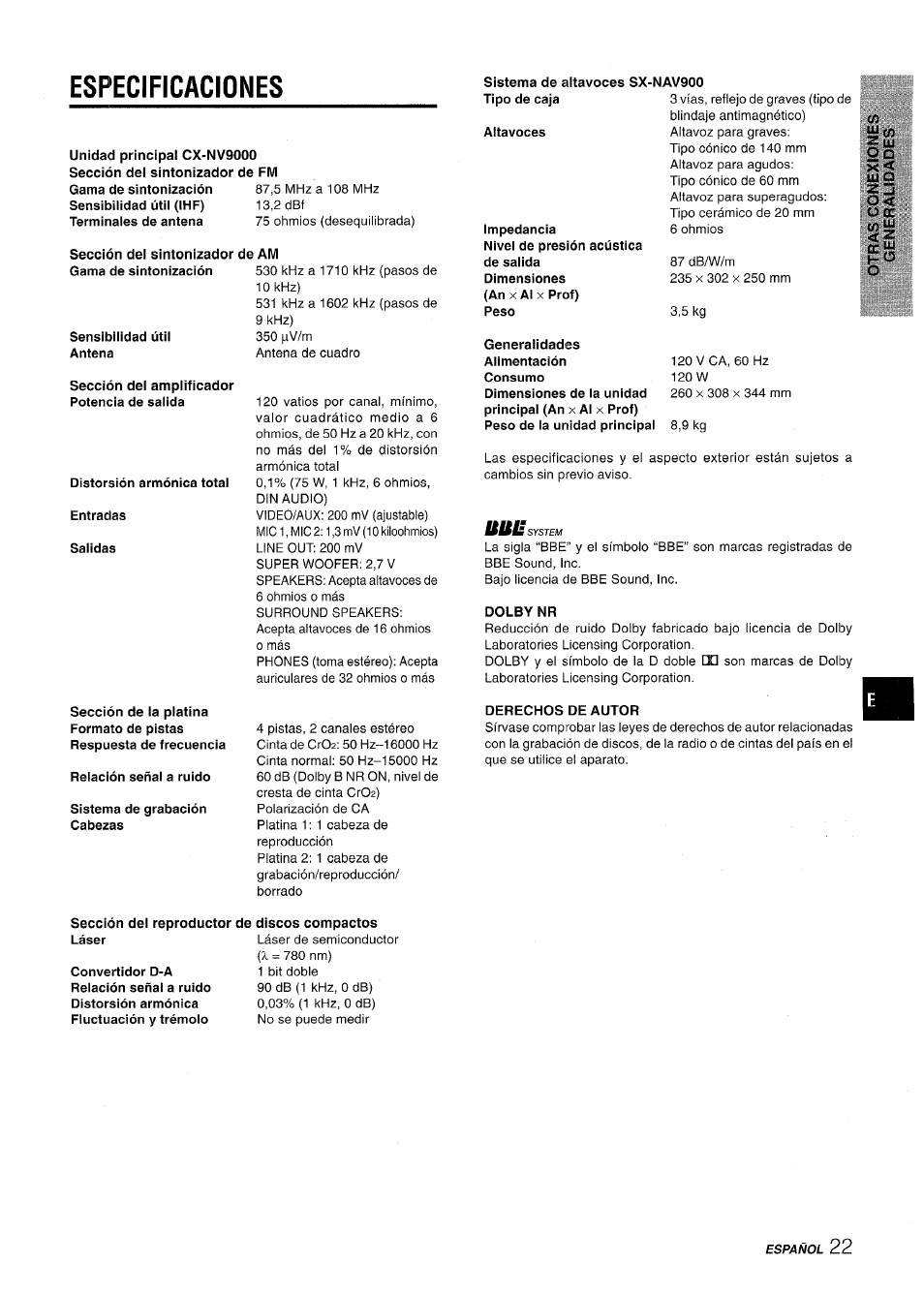 Especificaciones, Specifications | Aiwa NSX-V9000 User Manual | Page 47 / 72