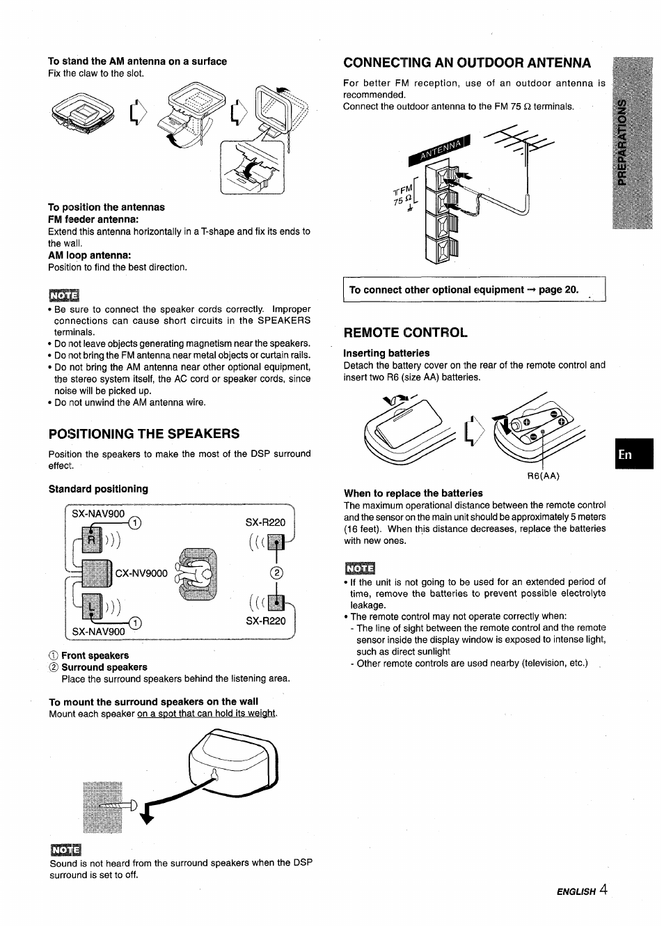 Positioning the speakers, Connecting an outdoor antenna, Remote control | Aiwa NSX-V9000 User Manual | Page 5 / 72