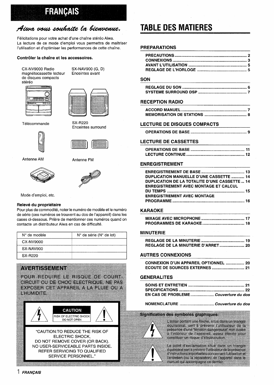 Français, Table des matieres | Aiwa NSX-V9000 User Manual | Page 50 / 72