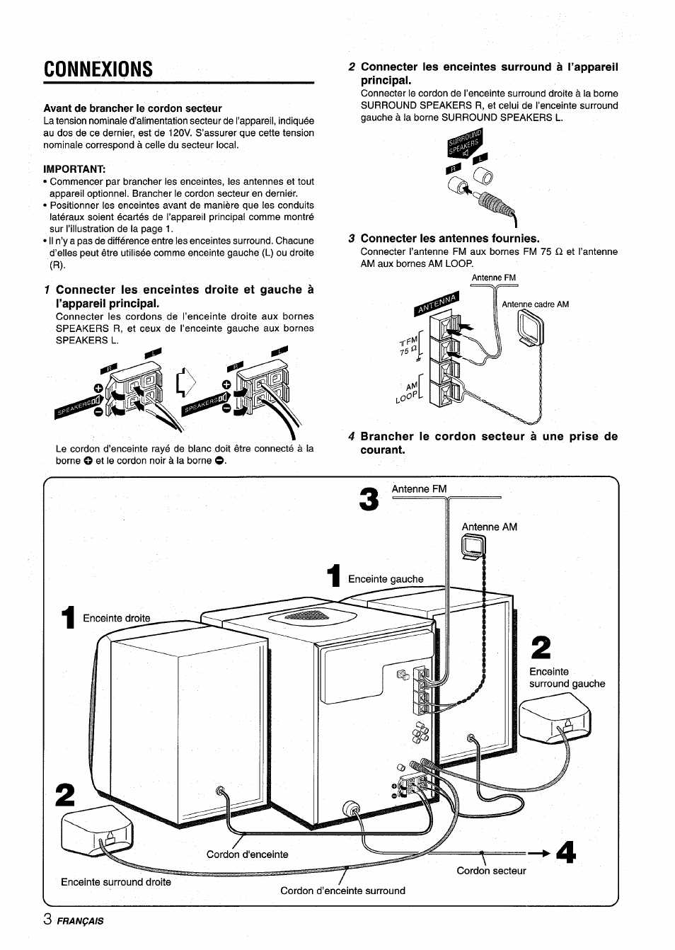Connexions, 3 connecter les antennes fournies, Connections | Aiwa NSX-V9000 User Manual | Page 52 / 72