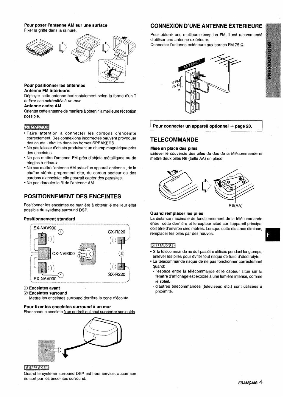 Positionnement des enceintes, Connexion d’une antenne exterieure, Telecommande | Aiwa NSX-V9000 User Manual | Page 53 / 72