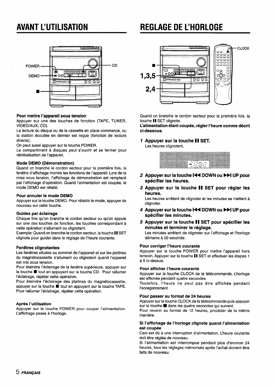 Avant l’utilisation, Reglage de l’horloge, 1 appuyer sur la touche ii set | Avant l’utilisation reglage de l’horloge | Aiwa NSX-V9000 User Manual | Page 54 / 72