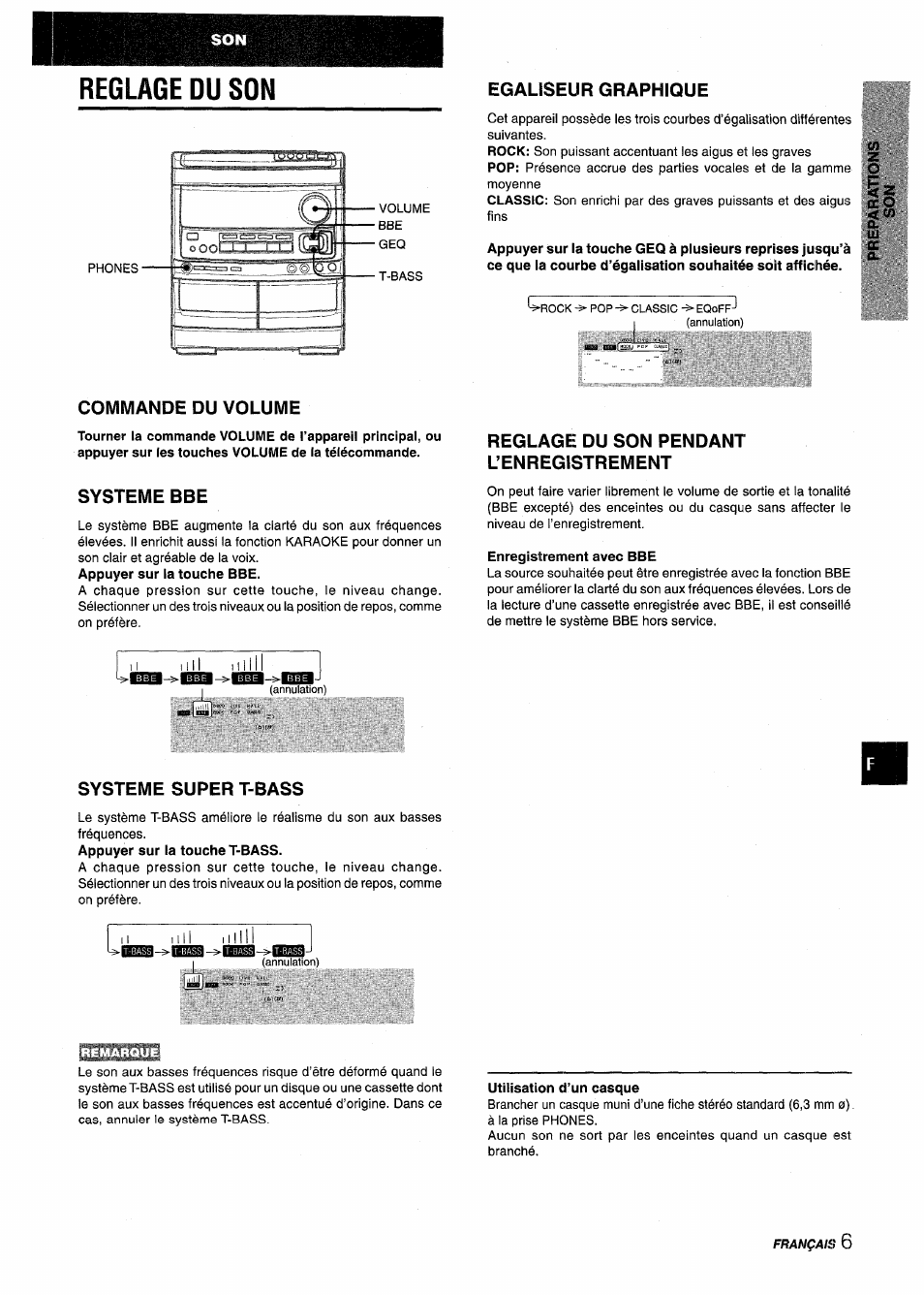 Commande du volume, Systeme bbe, Reglage du son pendant l’enregistrement | Systeme super t-bass, Reglage du son, Egaliseur graphique | Aiwa NSX-V9000 User Manual | Page 55 / 72