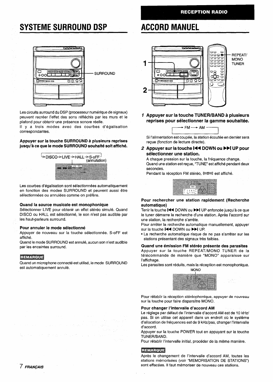 Systeme surround dsp, Accord manuel, Reception radio | Aiwa NSX-V9000 User Manual | Page 56 / 72