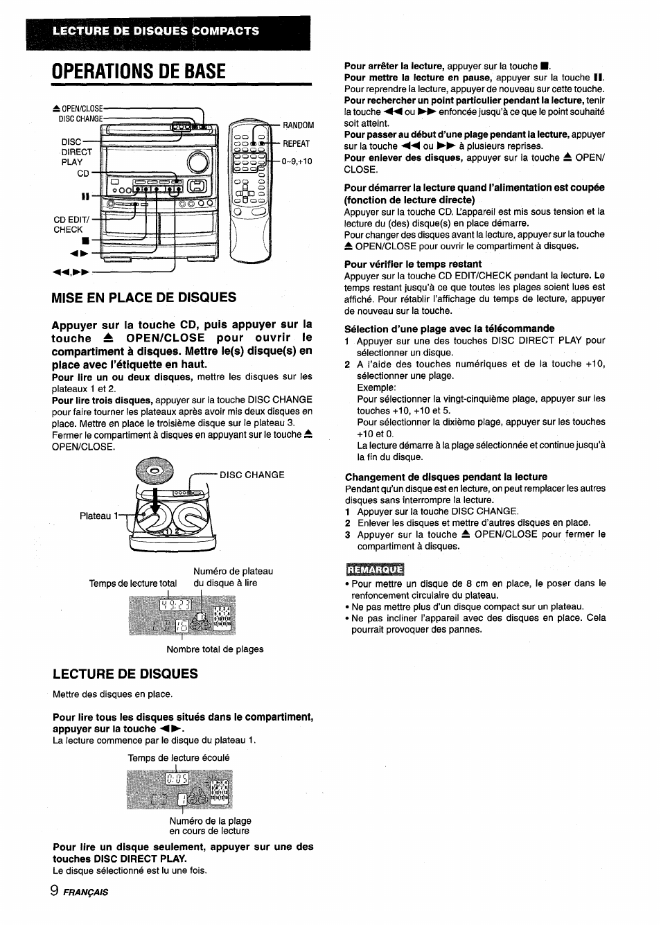 Operations de base, Mise en place de disques, Lecture de disques | Aiwa NSX-V9000 User Manual | Page 58 / 72