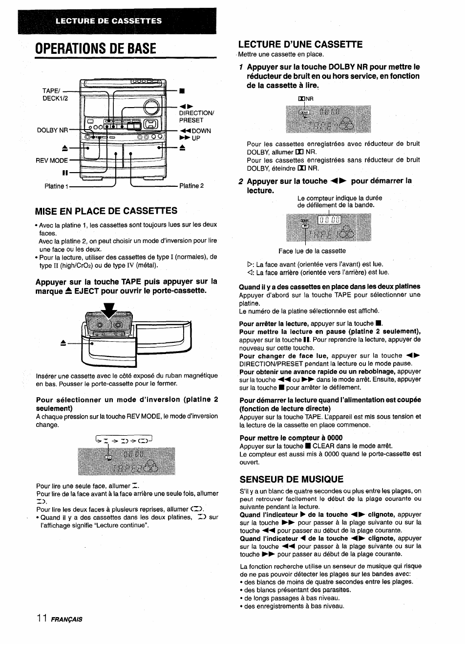 Operations de base, Mise en place de cassettes, Lecture d’une cassette | 2 appuyer sur ia touche pour démarrer ia iecture, Senseur de musique | Aiwa NSX-V9000 User Manual | Page 60 / 72