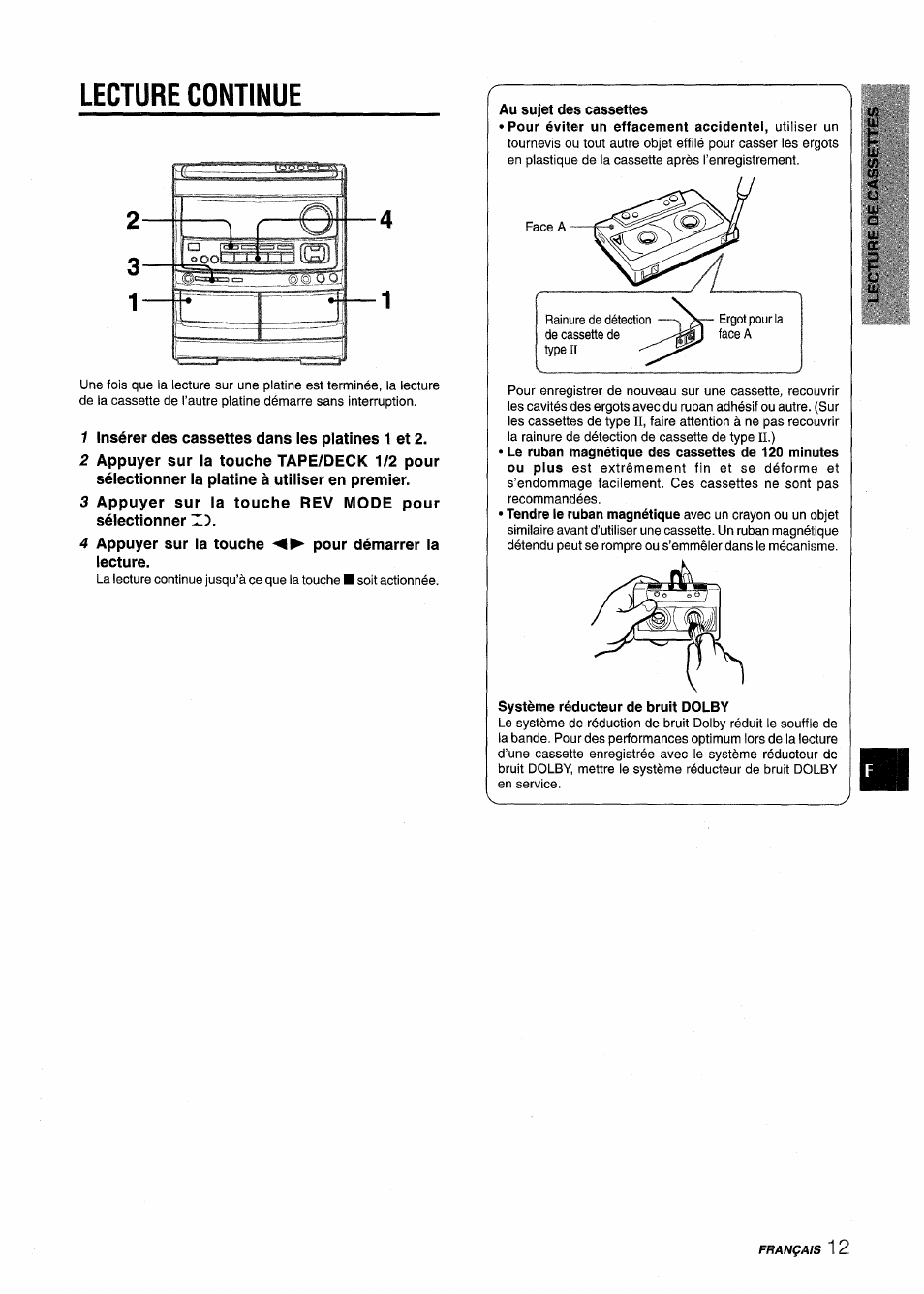 Lecture continue, 1 insérer des cassettes dans les platines 1 et 2, 4 appuyer sur la touche pour démarrer la lecture | Au sujet des cassettes | Aiwa NSX-V9000 User Manual | Page 61 / 72