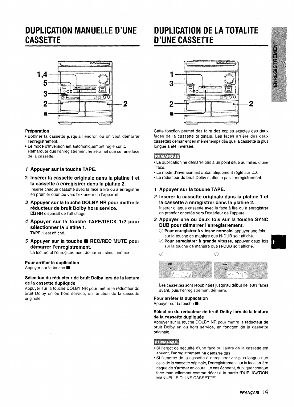 Duplication manuelle d’une cassette, Duplication de la totalite d’une cassette | Aiwa NSX-V9000 User Manual | Page 63 / 72