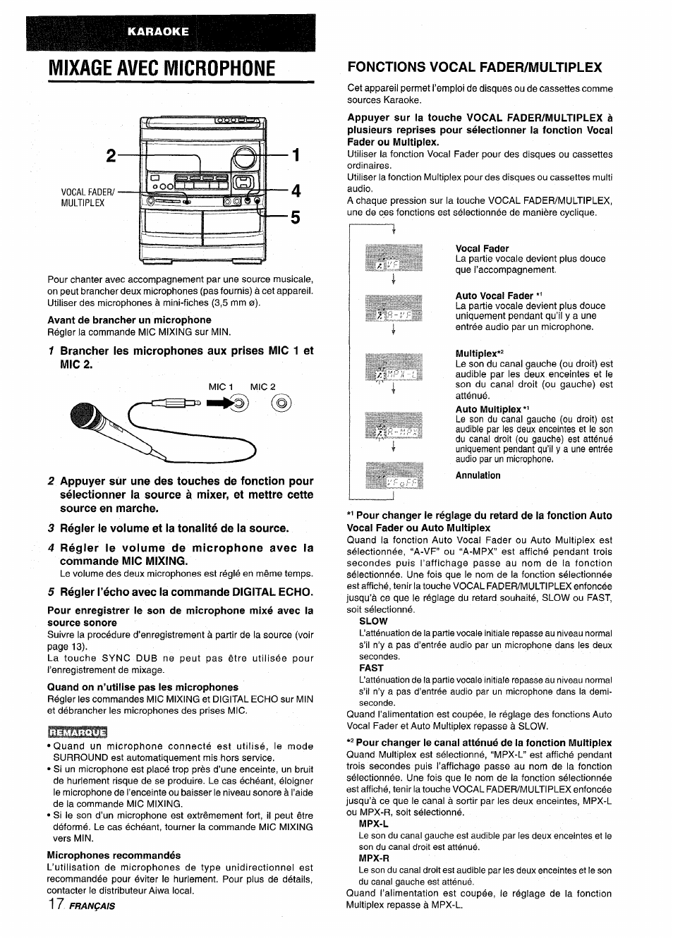 Mixage avec microphone, 3 régler le volume et la tonalité de la source, 5 régler l’écho avec la commande digital echo | Fonctions vocal fader/multiplex | Aiwa NSX-V9000 User Manual | Page 66 / 72