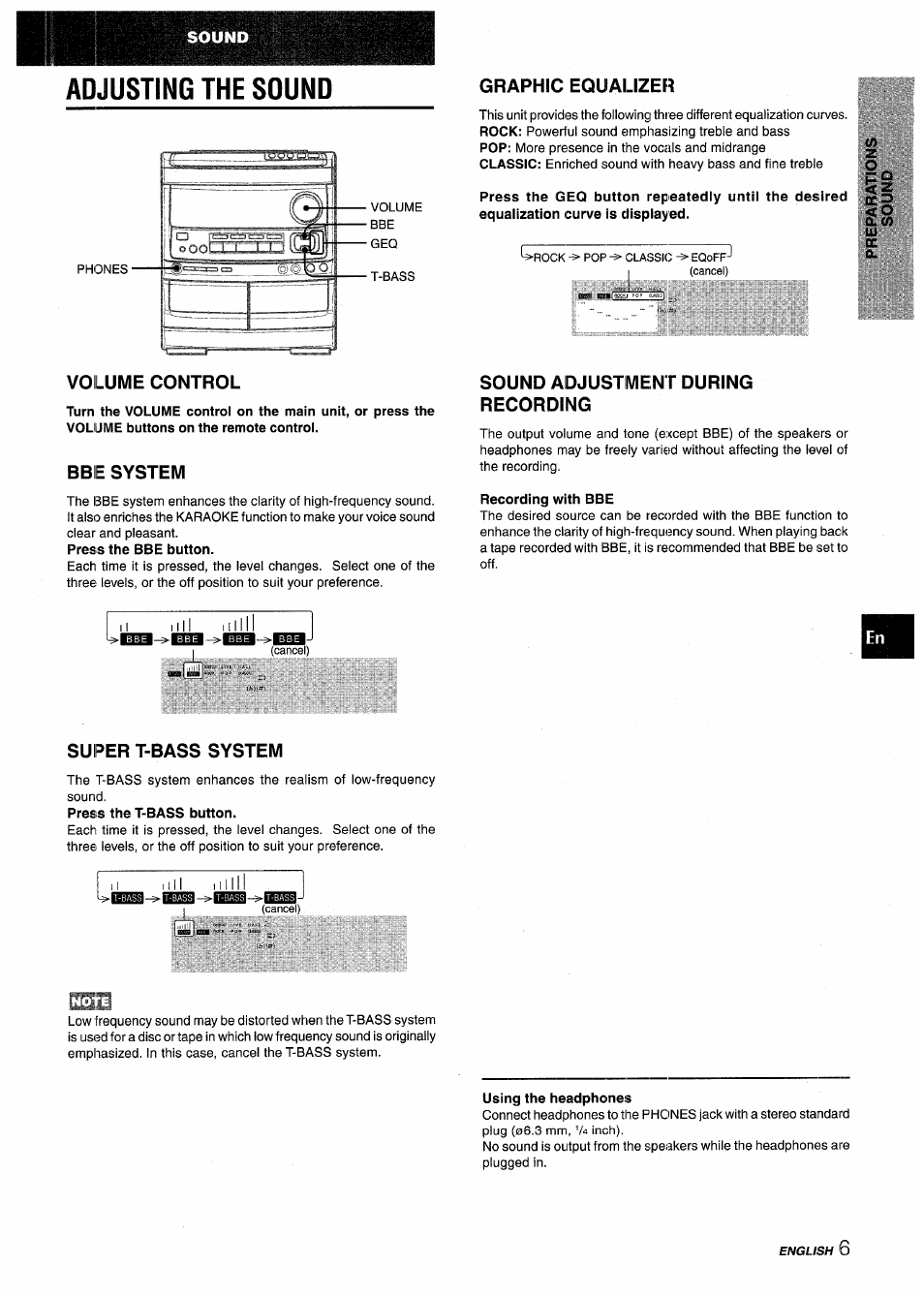 Volume control, Bbe system, Sound adjustment during recording | Super t-bass system, Adjusting the sound, Graphic equalizer | Aiwa NSX-V9000 User Manual | Page 7 / 72