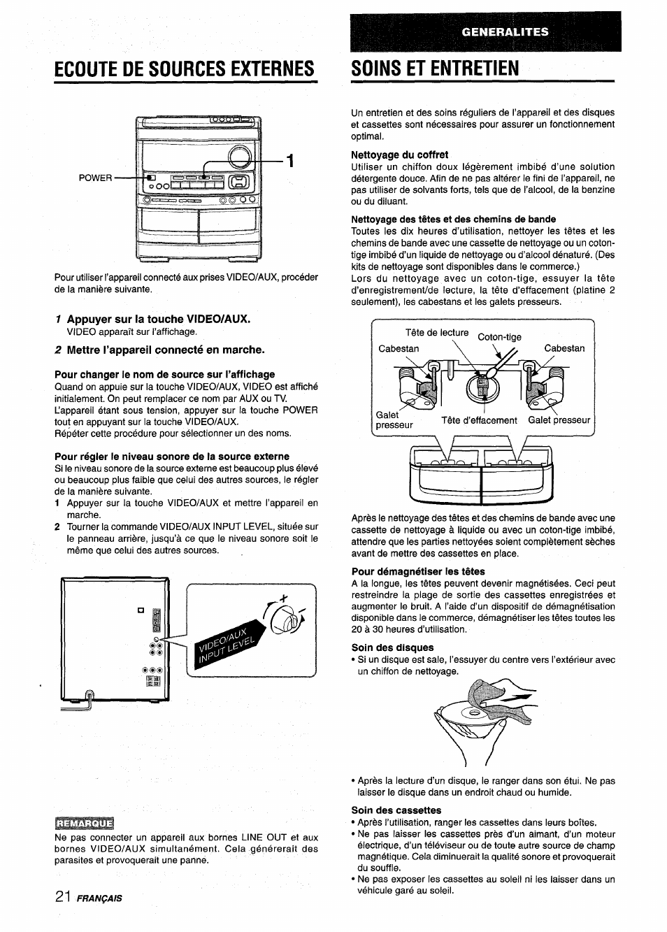 Ecoute de sources externes soins et entretien, 1 appuyer sur la touche video/aux, 2 mettre l’appareil connecté en marche | Generalites | Aiwa NSX-V9000 User Manual | Page 70 / 72