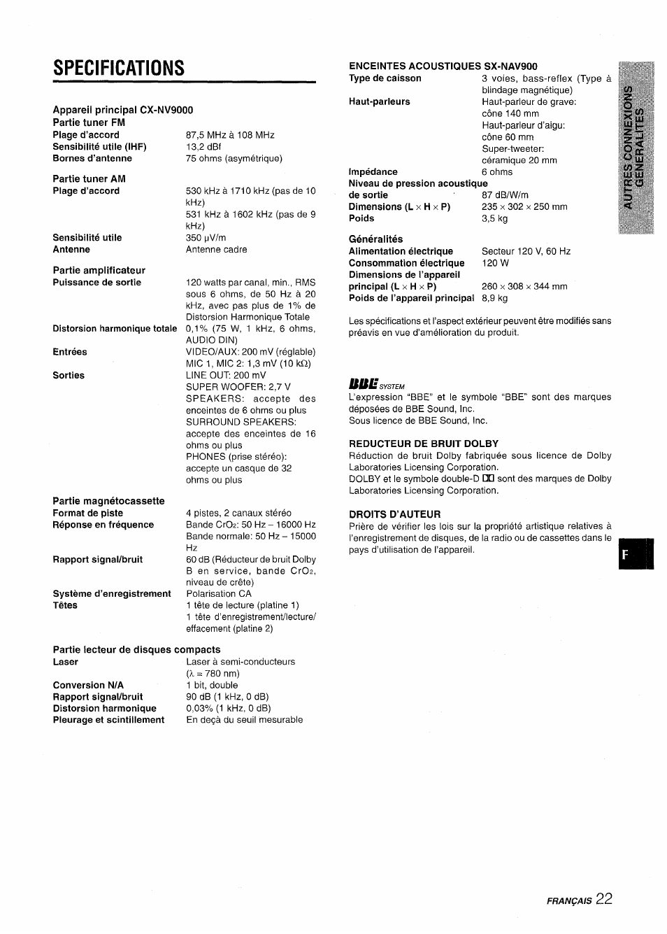 Specifications, Especificaciones, Ia |5 | Aiwa NSX-V9000 User Manual | Page 71 / 72