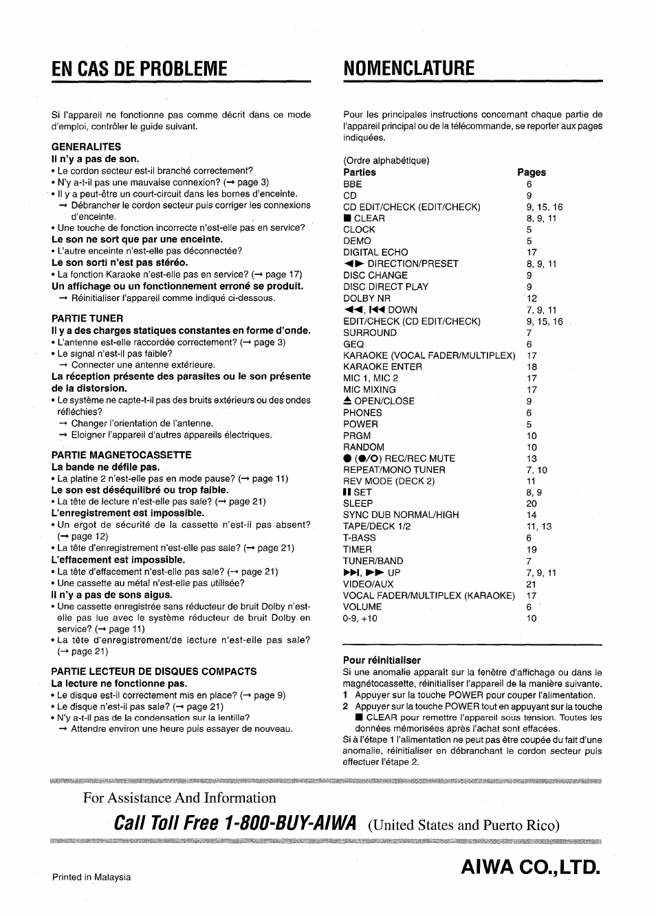 En cas de probleme, Aiwa co., ltd, Call toll free 1-800-buy-aiwa | En cas de probleme nomenclature, For assistance and information, United states and puerto rico) | Aiwa NSX-V9000 User Manual | Page 72 / 72