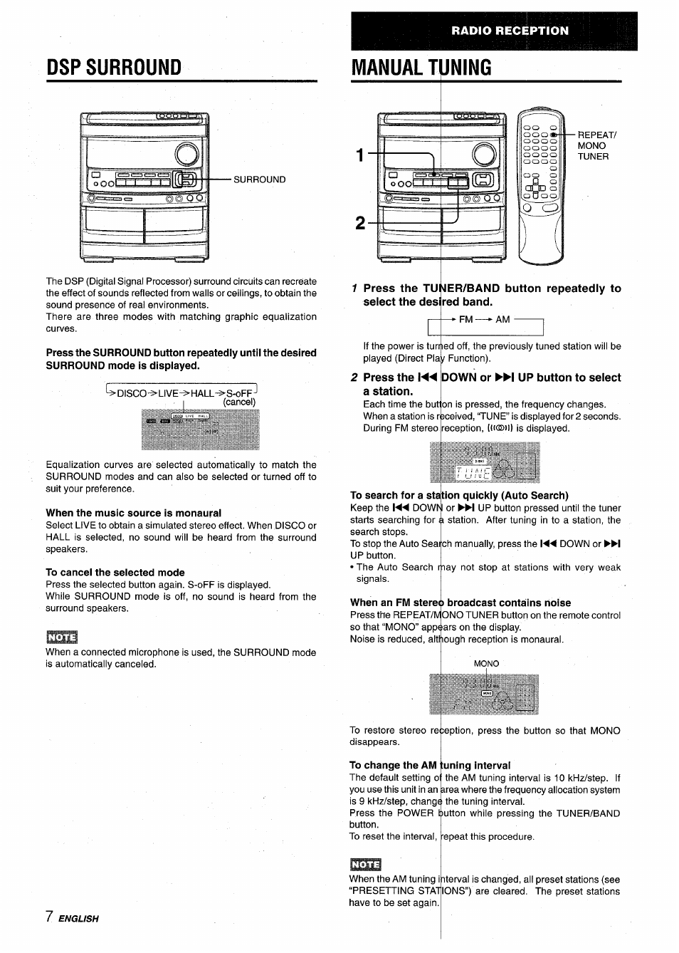 Dsp surround, Manual tuning | Aiwa NSX-V9000 User Manual | Page 8 / 72