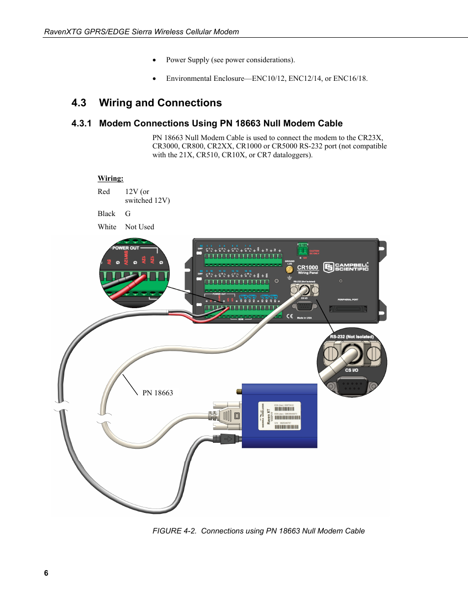 3 wiring and connections, Wiring and connections, Modem connections using pn 18663 null modem cable | 2. connections using pn 18663 null modem cable | Campbell Scientific RavenXTG Sierra Wireless Cellular Modem User Manual | Page 12 / 54