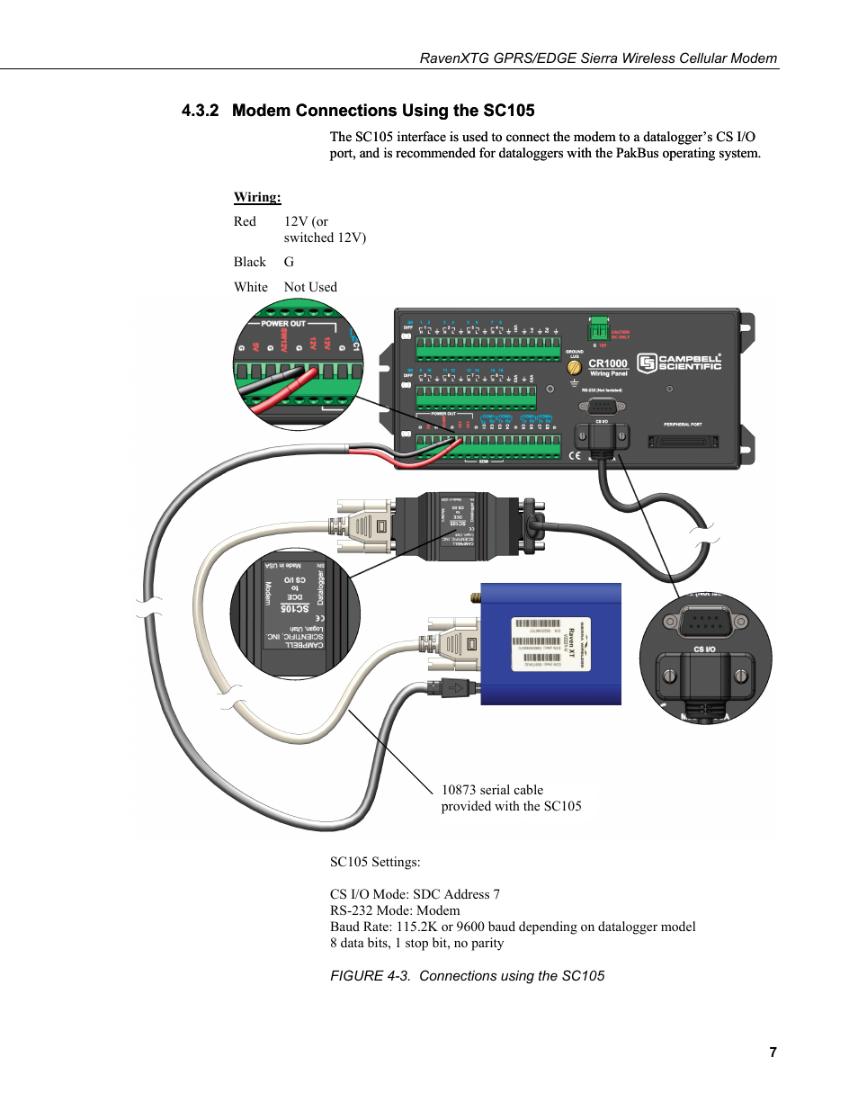 2 modem connections using the sc105, Modem connections using the sc105, 3. connections using the sc105 | Campbell Scientific RavenXTG Sierra Wireless Cellular Modem User Manual | Page 13 / 54