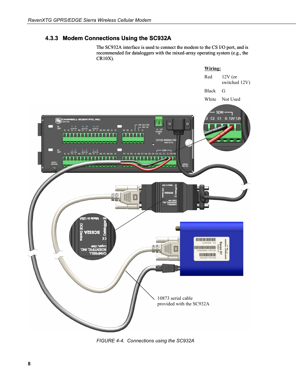 3 modem connections using the sc932a, Modem connections using the sc932a, 4. connections using the sc932a | Campbell Scientific RavenXTG Sierra Wireless Cellular Modem User Manual | Page 14 / 54