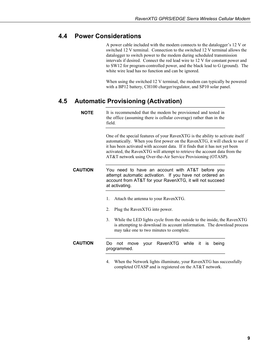 4 power considerations, 5 automatic provisioning (activation), Power considerations | Automatic provisioning (activation) | Campbell Scientific RavenXTG Sierra Wireless Cellular Modem User Manual | Page 15 / 54