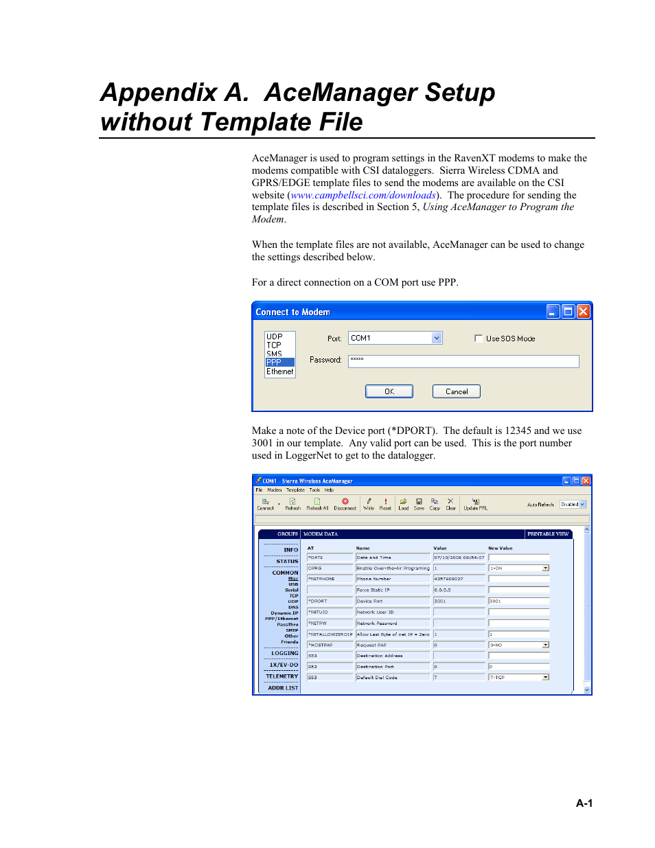 Appendix a. acemanager setup without template file | Campbell Scientific RavenXTG Sierra Wireless Cellular Modem User Manual | Page 33 / 54