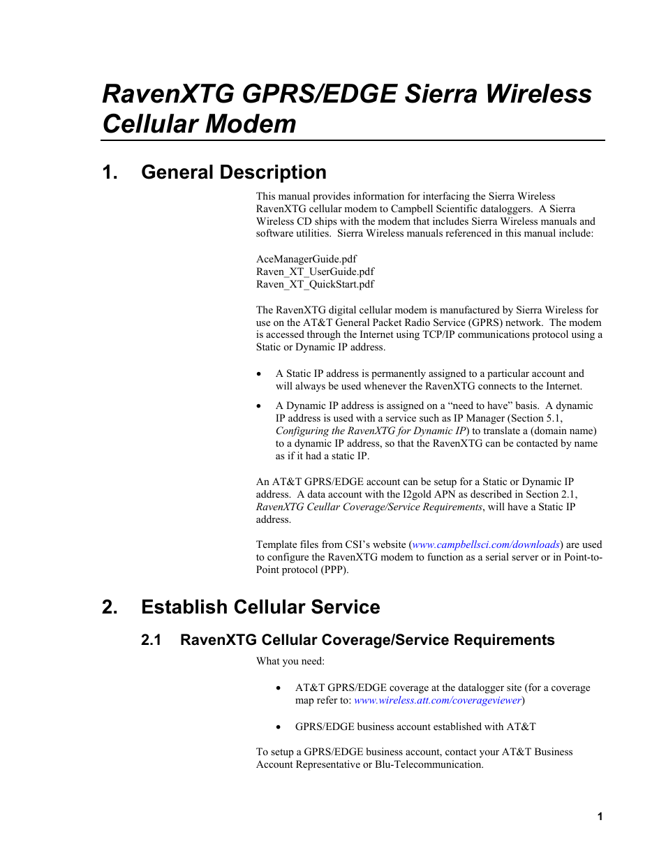 General description, Establish cellular service, 1 ravenxtg cellular coverage/service requirements | Ravenxtg cellular coverage/service requirements, Ravenxtg gprs/edge sierra wireless cellular modem | Campbell Scientific RavenXTG Sierra Wireless Cellular Modem User Manual | Page 7 / 54