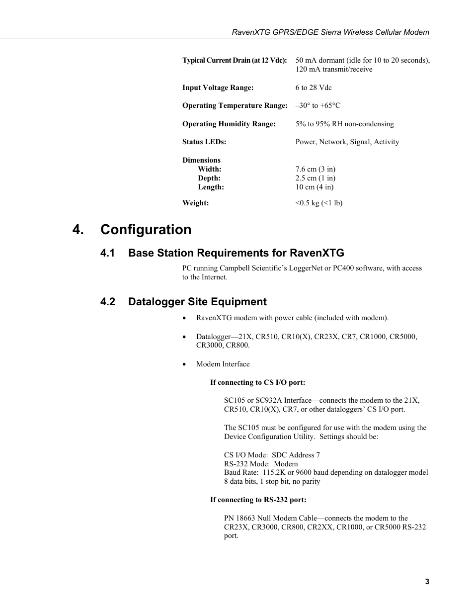 Configuration, 1 base station requirements for ravenxtg, 2 datalogger site equipment | Base station requirements for ravenxtg, Datalogger site equipment | Campbell Scientific RavenXTG Sierra Wireless Cellular Modem User Manual | Page 9 / 54