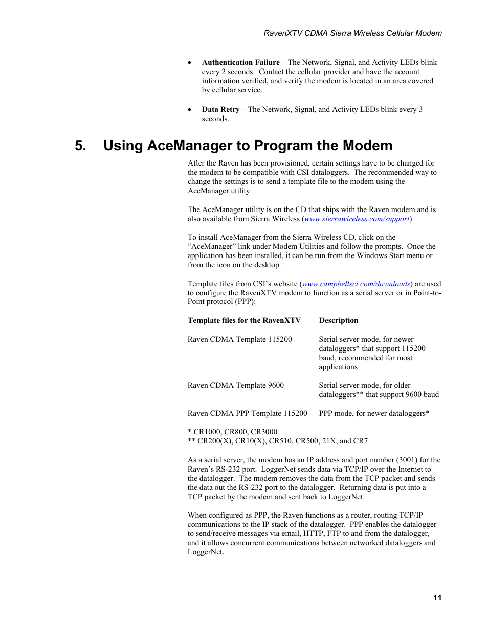 Using acemanager to program the modem | Campbell Scientific RavenXTV CDMA Sierra Wireless Cellular Modem User Manual | Page 17 / 48