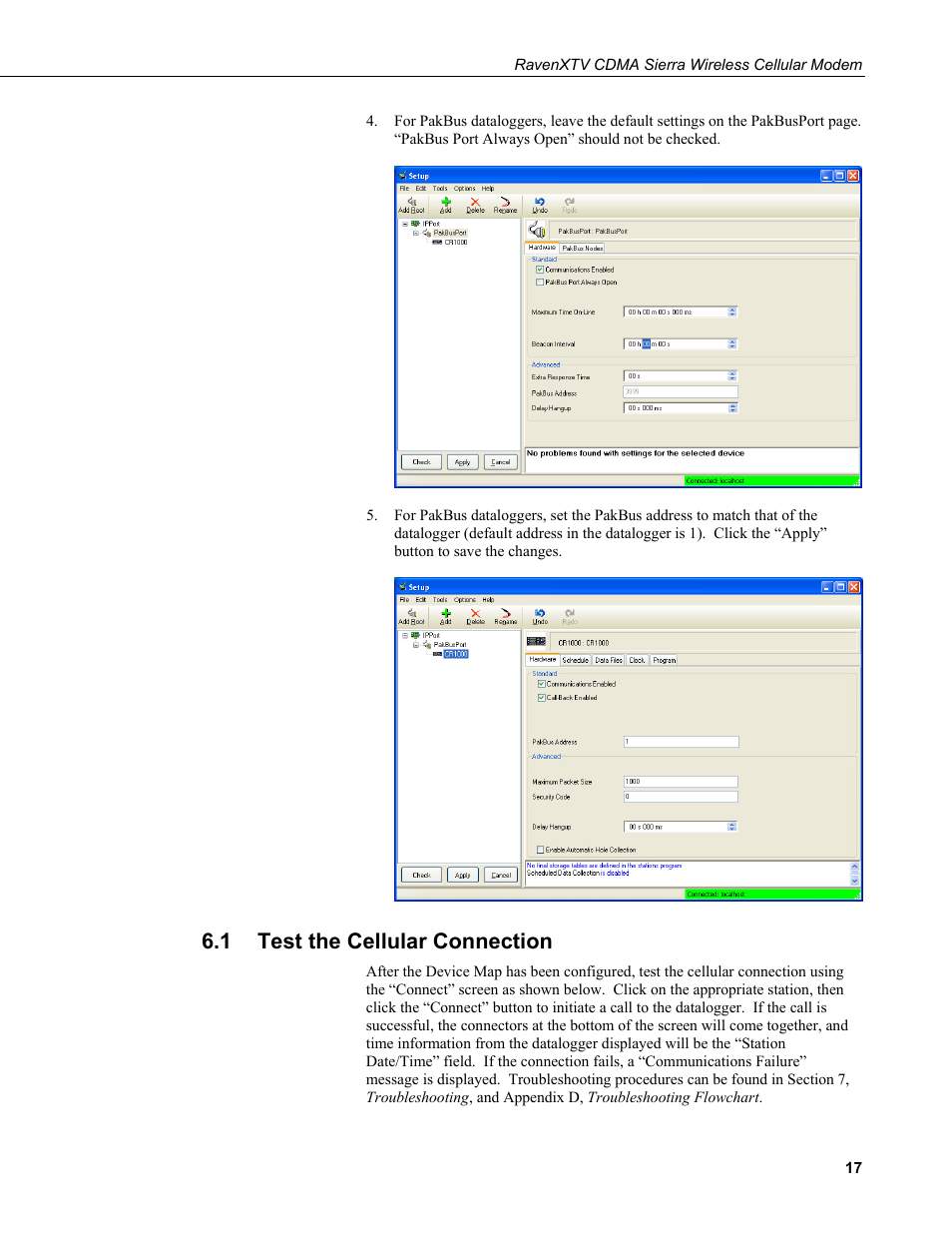1 test the cellular connection, Test the cellular connection | Campbell Scientific RavenXTV CDMA Sierra Wireless Cellular Modem User Manual | Page 23 / 48