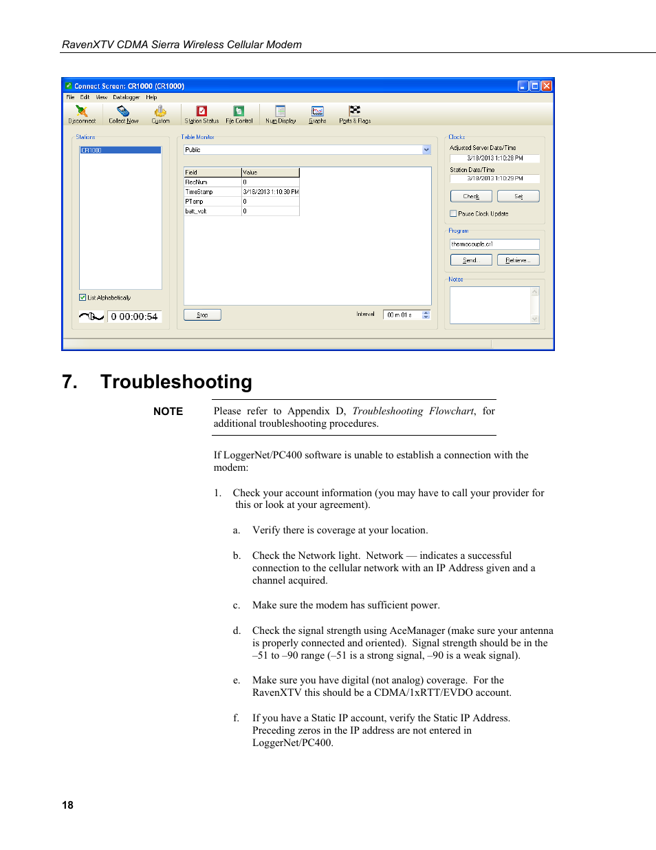 Troubleshooting | Campbell Scientific RavenXTV CDMA Sierra Wireless Cellular Modem User Manual | Page 24 / 48