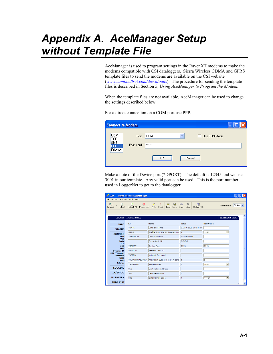 Appendix a. acemanager setup without template file | Campbell Scientific RavenXTV CDMA Sierra Wireless Cellular Modem User Manual | Page 29 / 48