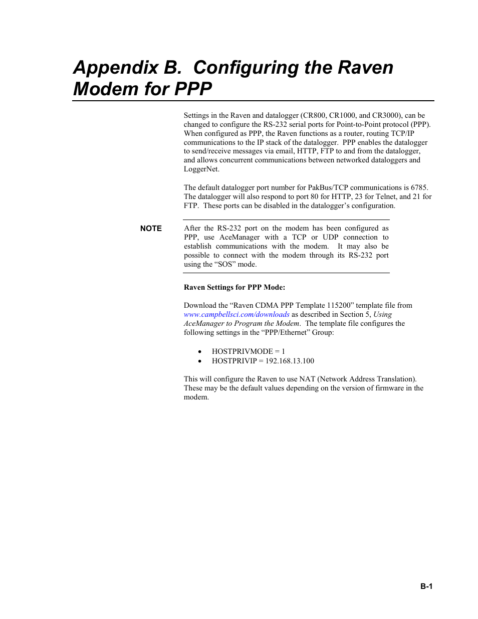 Appendix b. configuring the raven modem for ppp | Campbell Scientific RavenXTV CDMA Sierra Wireless Cellular Modem User Manual | Page 31 / 48