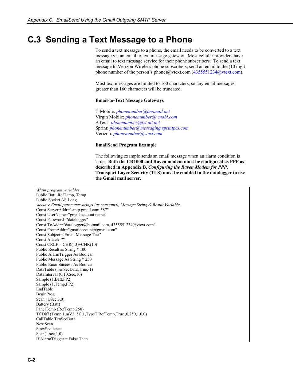 C.3 sending a text message to a phone | Campbell Scientific RavenXTV CDMA Sierra Wireless Cellular Modem User Manual | Page 38 / 48