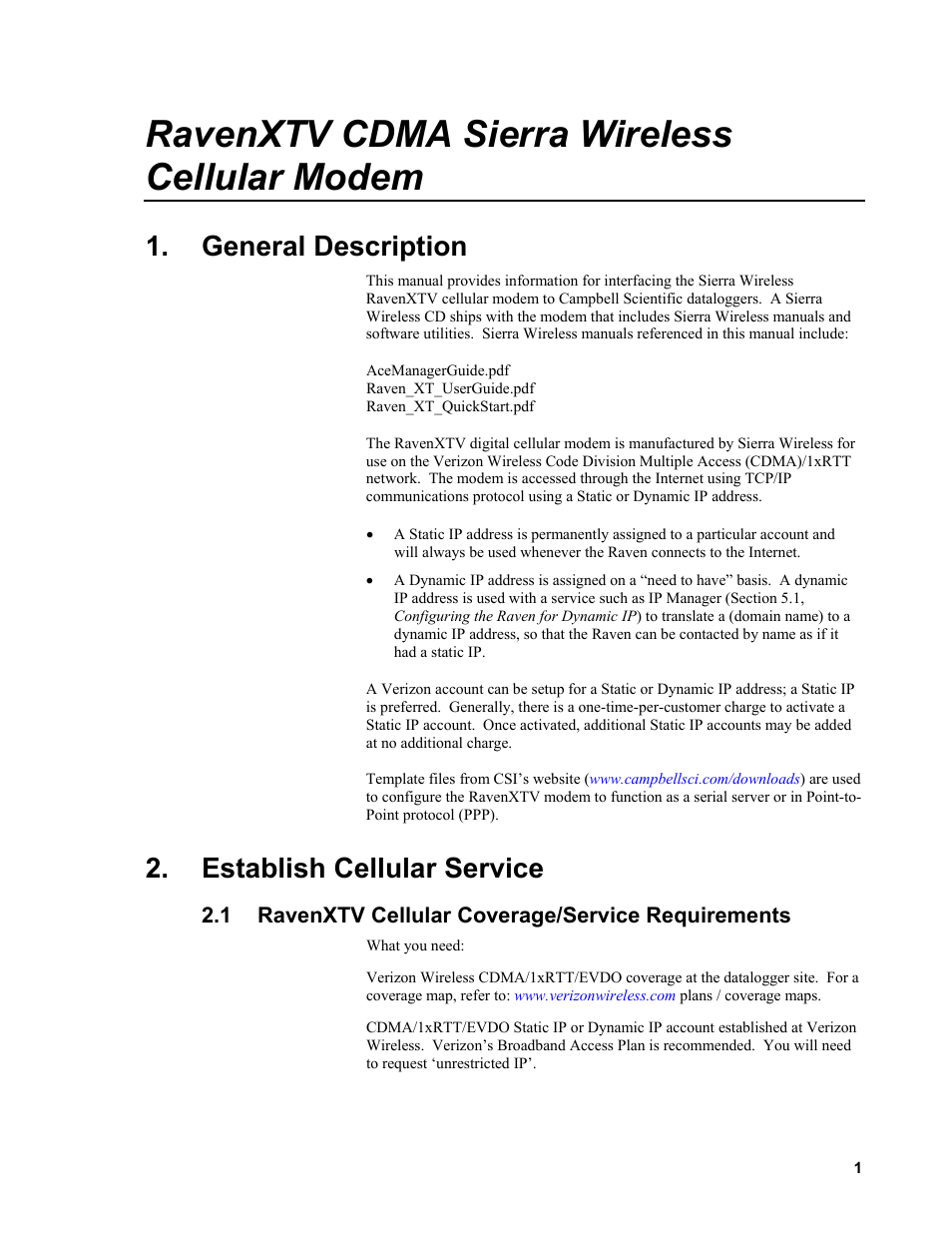 General description, Establish cellular service, 1 ravenxtv cellular coverage/service requirements | Ravenxtv cellular coverage/service requirements, Ravenxtv cdma sierra wireless cellular modem | Campbell Scientific RavenXTV CDMA Sierra Wireless Cellular Modem User Manual | Page 7 / 48