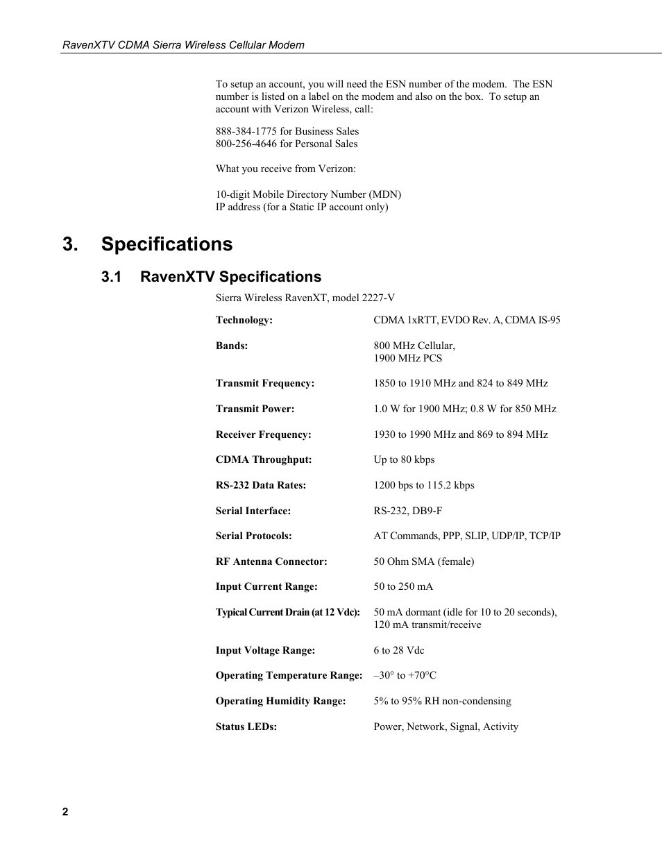 Specifications, 1 ravenxtv specifications, Ravenxtv specifications | Campbell Scientific RavenXTV CDMA Sierra Wireless Cellular Modem User Manual | Page 8 / 48