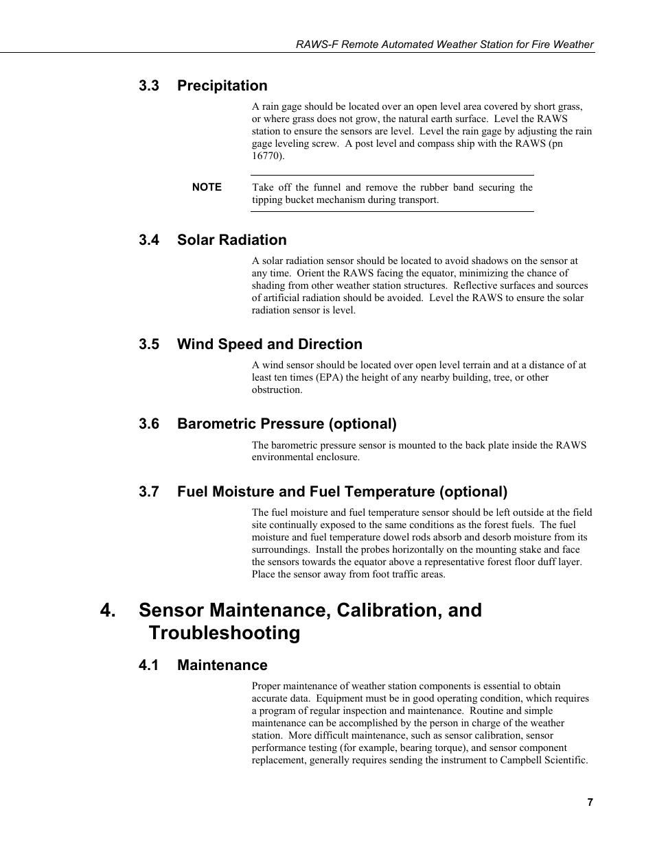 3 precipitation, 4 solar radiation, 5 wind speed and direction | 6 barometric pressure (optional), 7 fuel moisture and fuel temperature (optional), 1 maintenance, Precipitation, Solar radiation, Wind speed and direction, Barometric pressure (optional) | Campbell Scientific RAWS-F Remote Automated Weather Station for Fire Weather User Manual | Page 15 / 58