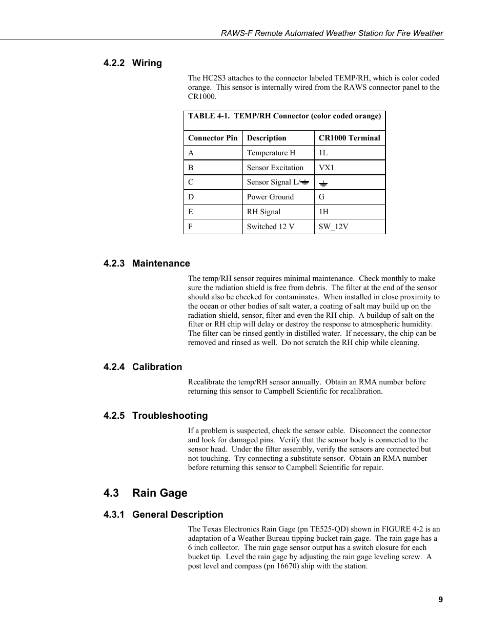 2 wiring, 3 maintenance, 4 calibration | 5 troubleshooting, 3 rain gage, 1 general description, Wiring, Maintenance, Calibration, Troubleshooting | Campbell Scientific RAWS-F Remote Automated Weather Station for Fire Weather User Manual | Page 17 / 58