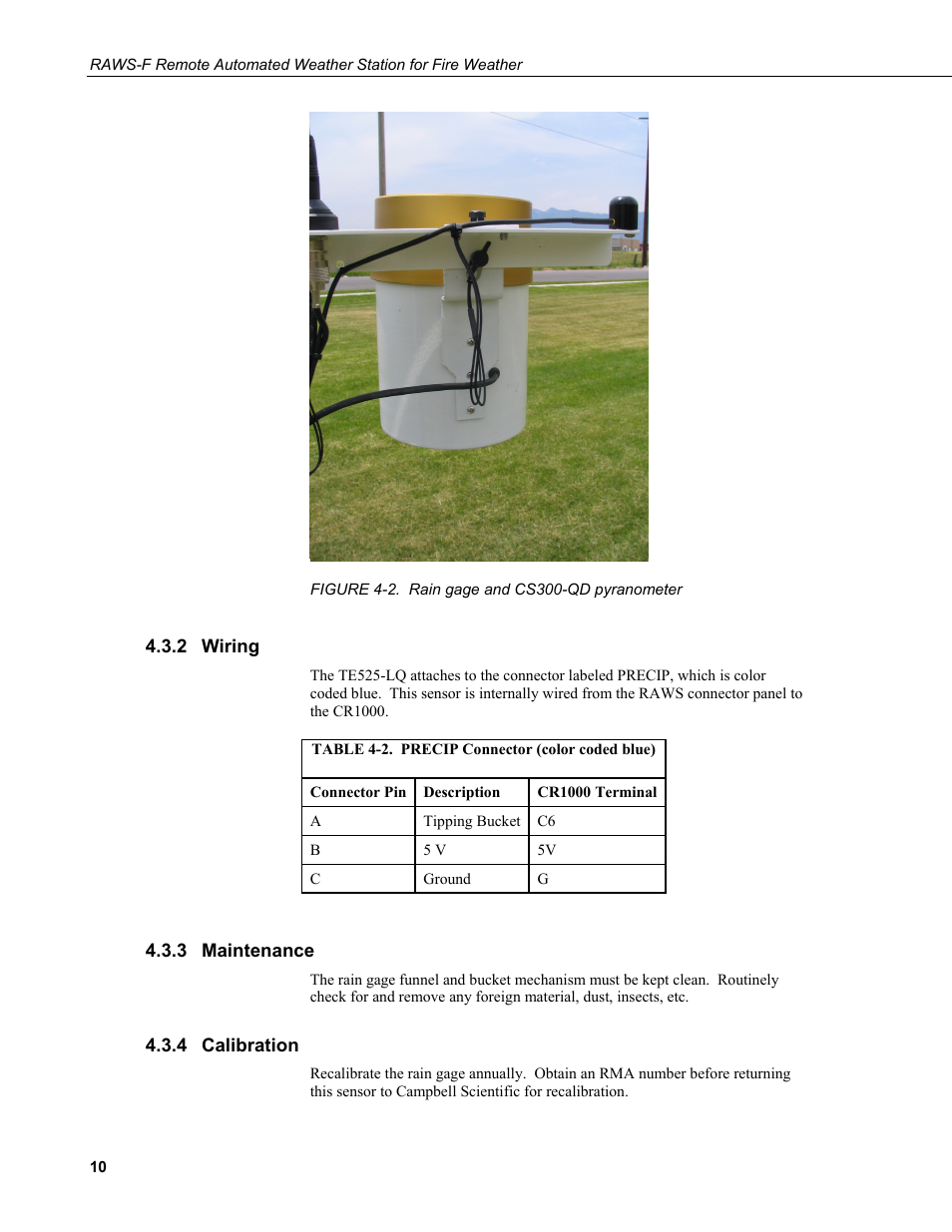 2 wiring, 3 maintenance, 4 calibration | Wiring, Maintenance, Calibration, 2. rain gage and cs300-qd pyranometer, 2. precip connector (color coded blue) | Campbell Scientific RAWS-F Remote Automated Weather Station for Fire Weather User Manual | Page 18 / 58