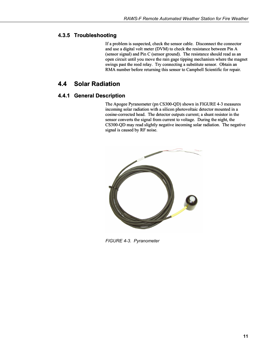 5 troubleshooting, 4 solar radiation, 1 general description | Troubleshooting, Solar radiation, General description, 3. pyranometer | Campbell Scientific RAWS-F Remote Automated Weather Station for Fire Weather User Manual | Page 19 / 58