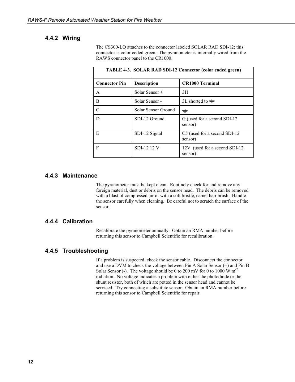 2 wiring, 3 maintenance, 4 calibration | 5 troubleshooting, Wiring, Maintenance, Calibration, Troubleshooting, 3. solar rad sdi-12 connector (color coded green) | Campbell Scientific RAWS-F Remote Automated Weather Station for Fire Weather User Manual | Page 20 / 58