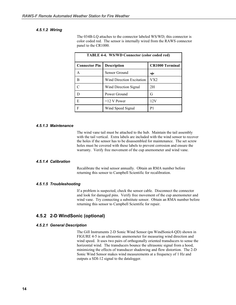 2 wiring, 3 maintenance, 4 calibration | 5 troubleshooting, 2 2-d windsonic (optional), 1 general description, Wiring, Maintenance, Calibration, Troubleshooting | Campbell Scientific RAWS-F Remote Automated Weather Station for Fire Weather User Manual | Page 22 / 58